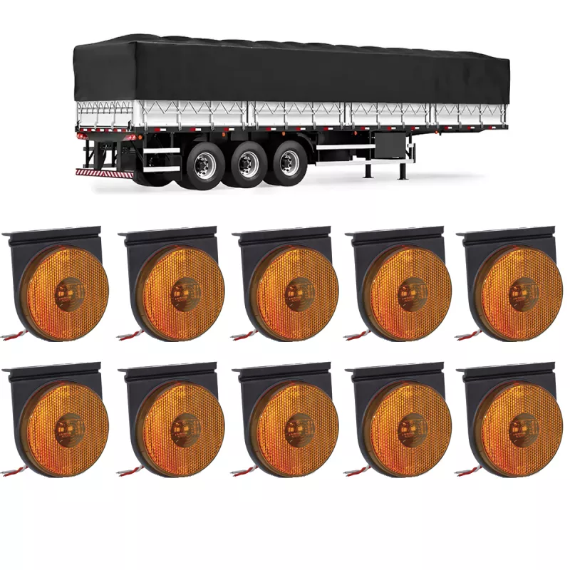KIT 10 LANTERNA LATERAL CARRETA REDONDA C/SUP LED AMBAR 85MM